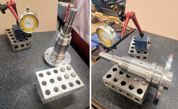 Shaft positioned on makeshift V-blocks inspection setup on granite surface plate